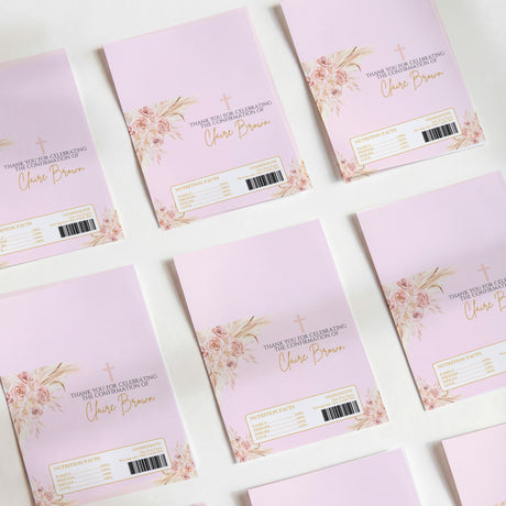 Boho printed chocolate wrappers, lavender with pampas florals and cross, small label strip