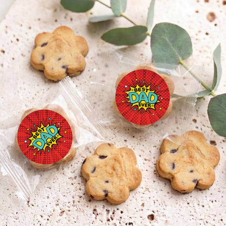 Bite-size choc chip cookies with two round 'Best Dad Ever' printed cookies