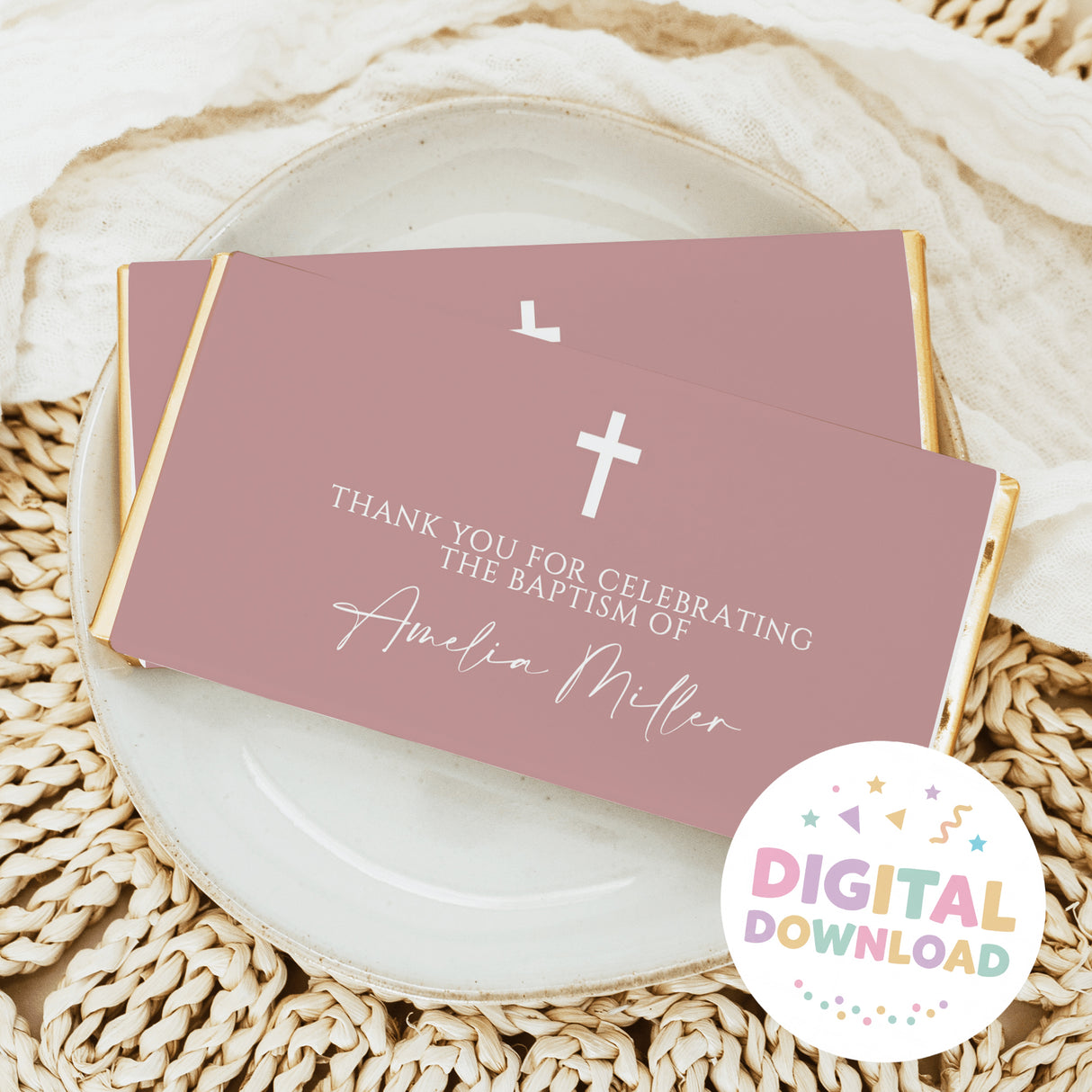 Blushed pink christening chocolate bar wrappers with white cross and thank-you message