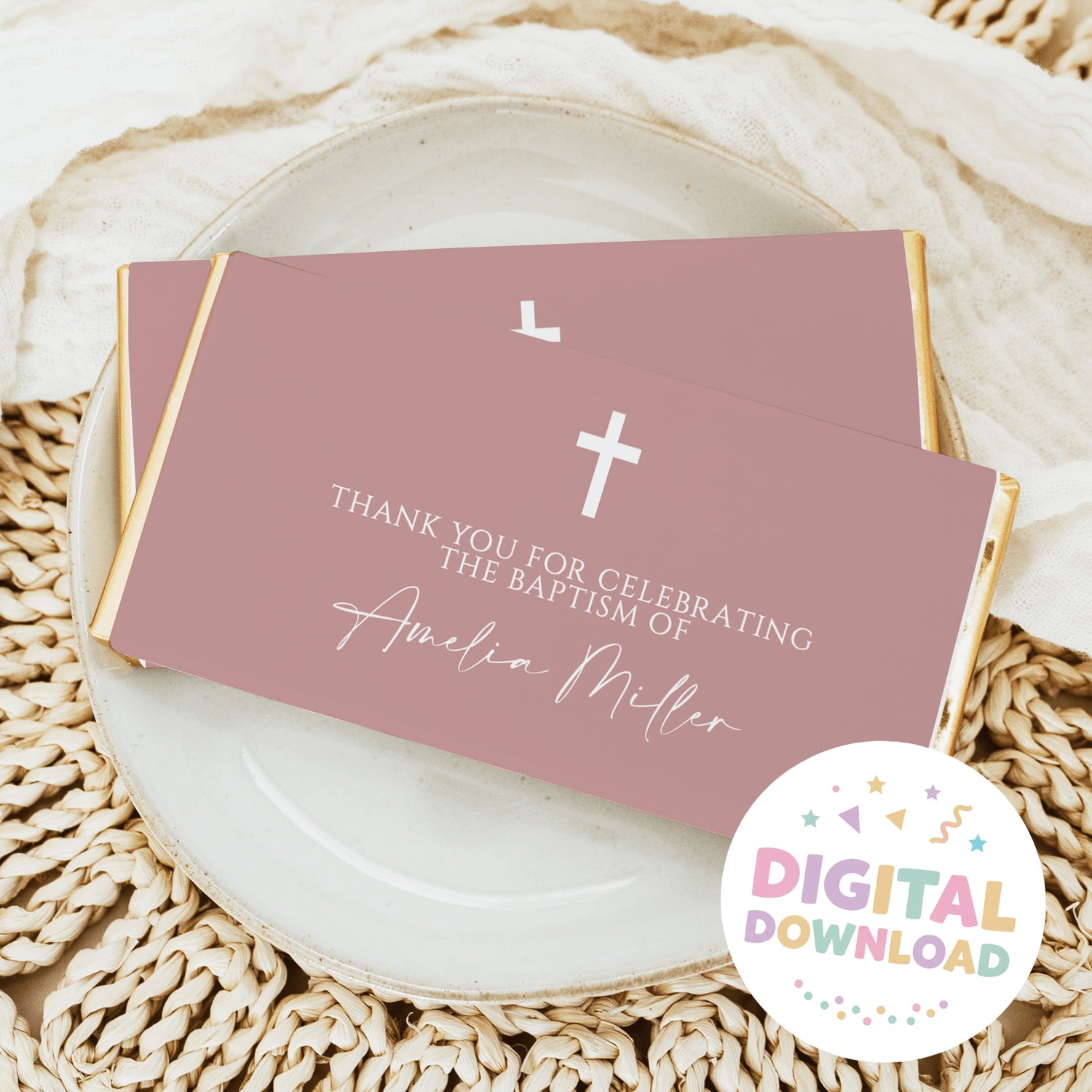 Blushed pink christening chocolate bar wrappers with white cross and thank-you message