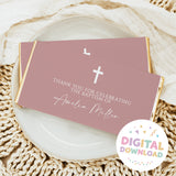 Blushed pink christening chocolate bar wrappers with white cross and thank-you message