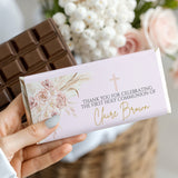 Pink First Holy Communion chocolate bar wrapper with roses, cross, and thank-you message