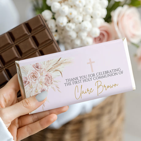 Pink First Holy Communion chocolate bar wrapper with roses, cross, and thank-you message