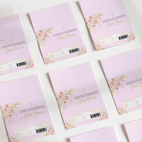 Lavender First Holy Communion chocolate wrappers with pampas flowers and cross design