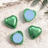 Green foil heart chocolate favors with round blue personalised label