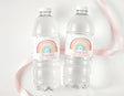Personalised first birthday water bottle labels with rainbow boho design on two clear bottles