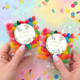 Set of two wedding jelly bean bags, clear pouches with multicolor candies and eucalyptus labels