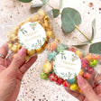 Clear popcorn bag with eucalyptus wreath personalised thank-you label, wedding