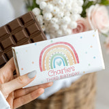 Pastel rainbow birthday chocolate bar with white wrapper and 'Charlie's THIRD BIRTHDAY' label
