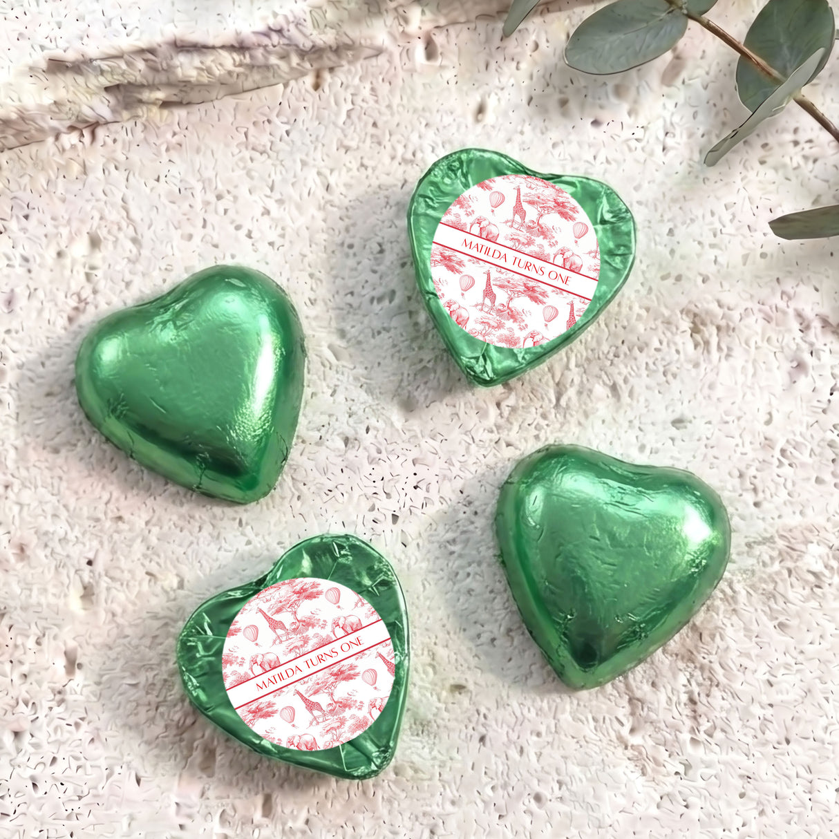 Red Safari Toile First Birthday Personalised Foil Covered Chocolate Hearts