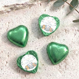 Foil heart chocolate sweets in green with personalised birthday note and safari animals