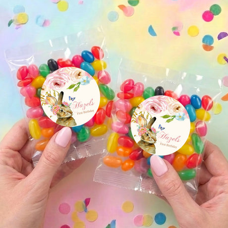 Two personalised jelly bean bags with floral bunny 'Hazel' First Birthday labels