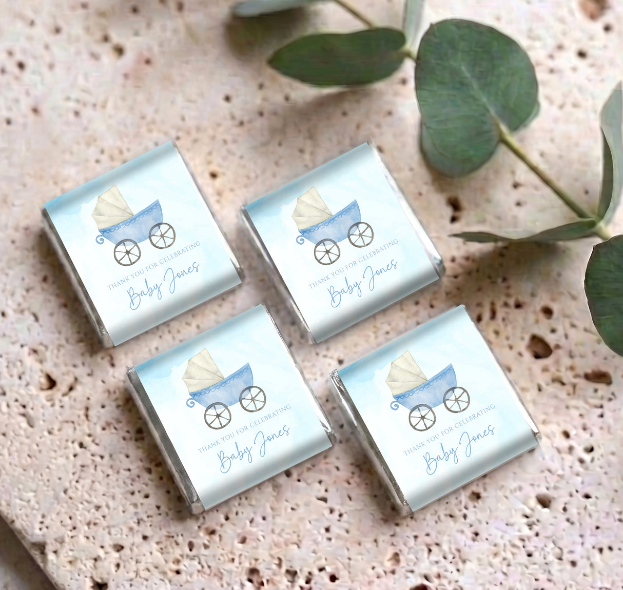 Blue Baby Carriage Baby Shower Personalised Mini Chocolates