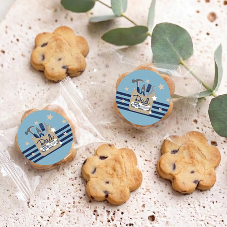Bite size choc chip cookies in clear bags with blue Father label, 5 cookies visible