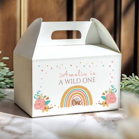 Personalised gable favour box, white with rainbow, florals and 'One' window handle