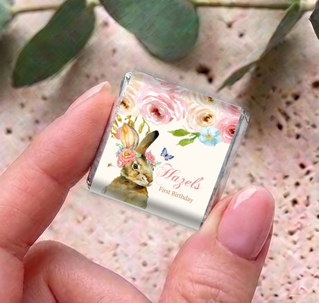 Mini chocolate wrapper in floral roses with bunny and Hazel text, First Birthday