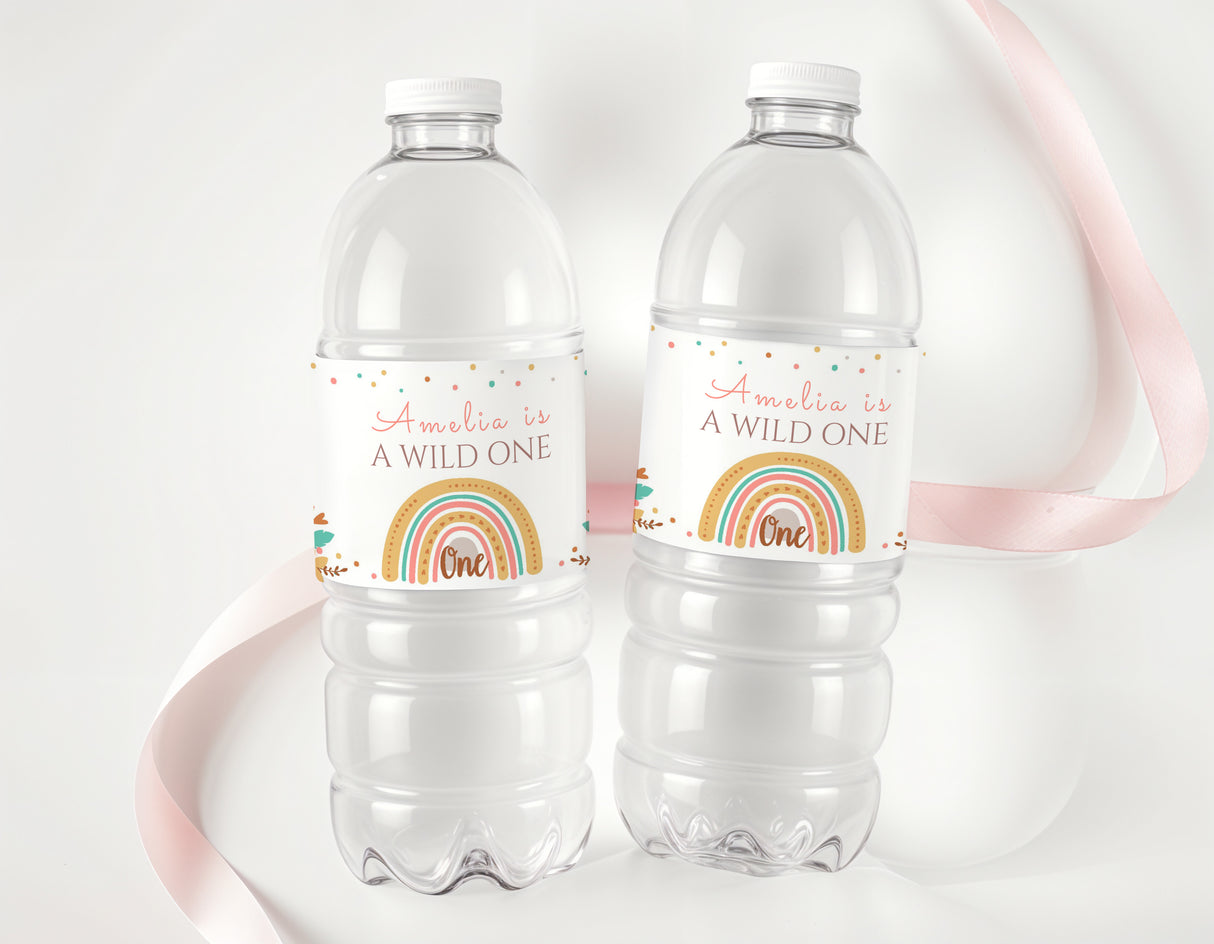 Personalised water bottle labels: Amelia, a Wild One rainbow 'One' on clear bottles