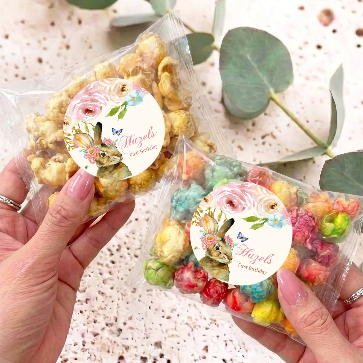Personalised popcorn bag with floral bunny tag and pastel crunchy popcorn inside