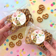 Personalised pretzel bag with floral bunny label and pretzels in clear wrap