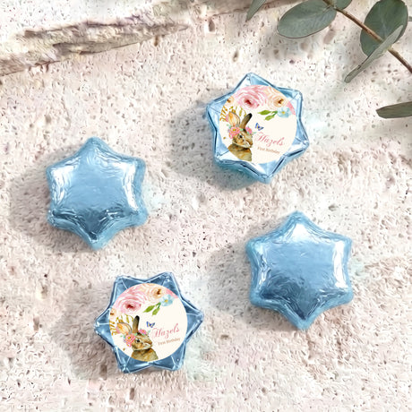 Personalised foil-covered chocolate star with floral bunny label, blue