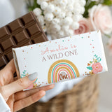 Custom first birthday chocolate bar wrapper with 'A Wild One' rainbow and flowers