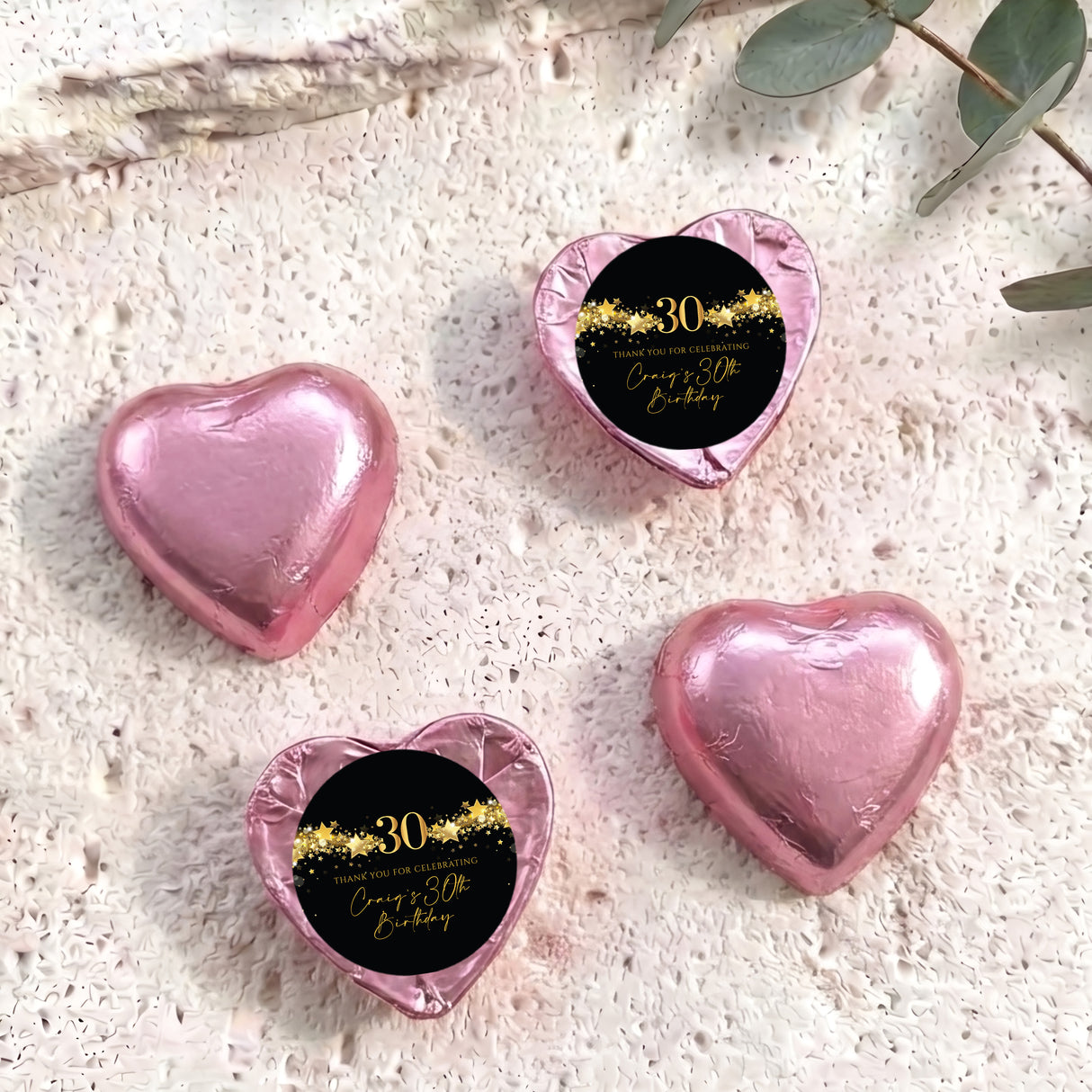 Pink foil chocolate hearts with dark 30 label and gold stars, personalised.