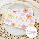 Custom chocolate bar box with floral print and 'Audrey turns 1' text