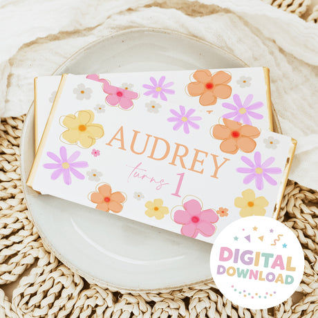 Custom chocolate bar box with floral print and 'Audrey turns 1' text