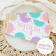 Personalized chocolate bar wrapper with colorful floral daisies, 'MATILDA' and 'Turning 3' text