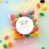 Personalised jelly bean bag with floral cross round label and colorful jelly beans