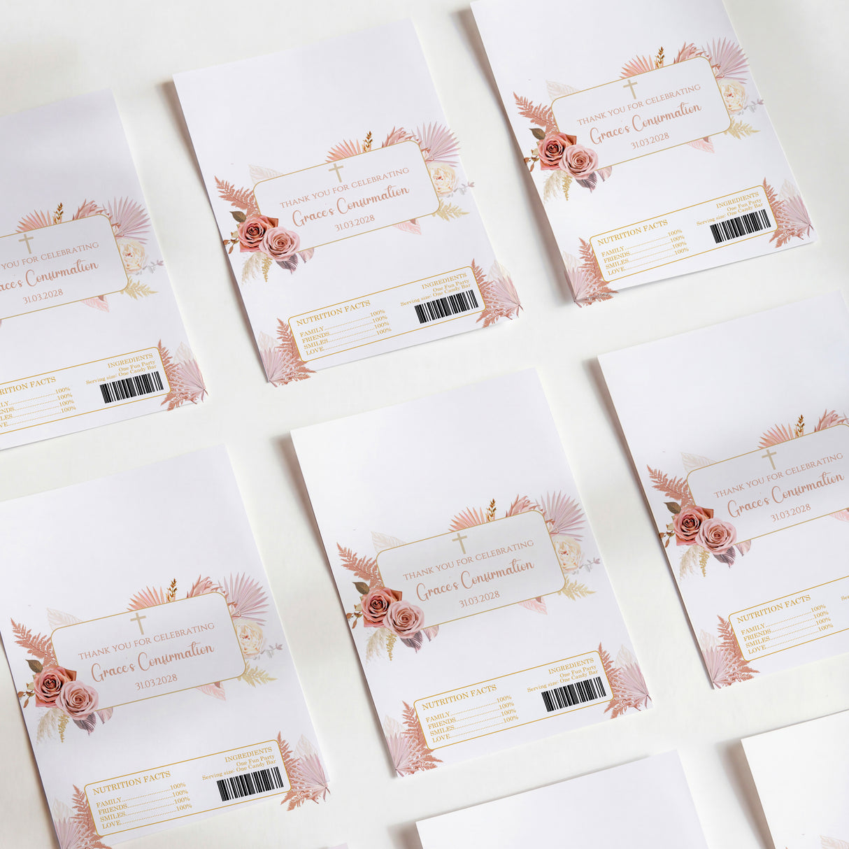 Confirmation chocolate wrappers with boho rose floral design and printed label panels, set