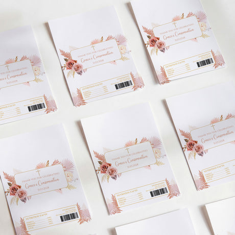 Confirmation chocolate wrappers with boho rose floral design and printed label panels, set
