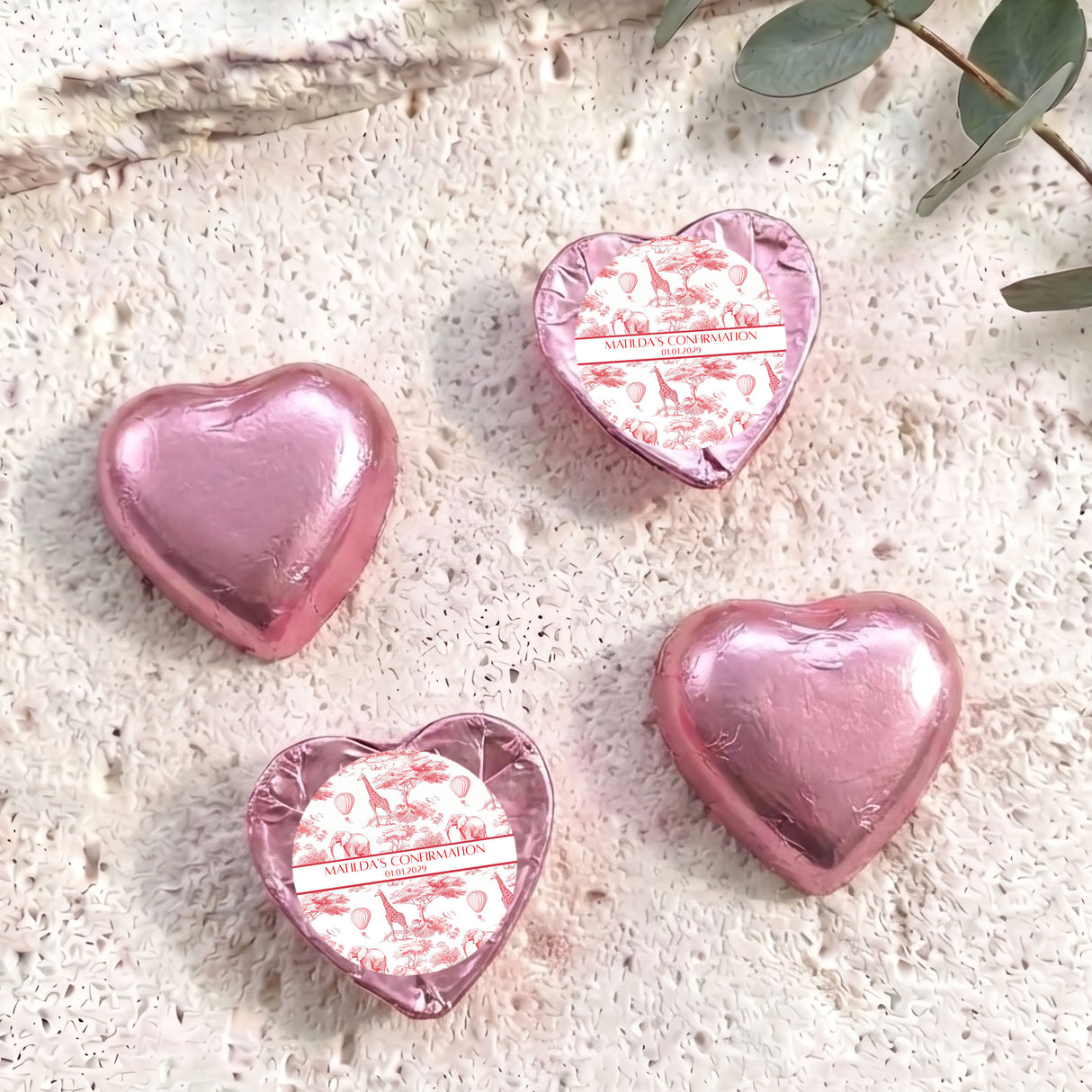 Red Safari Toile Confirmation Personalised Foil Covered Chocolate Hearts