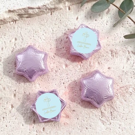 Lavender foil-covered chocolate star sweets with cross label, personalised for First Holy Communion