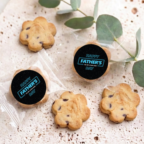 Chocolate chip cookie assortment with black “Happy Father’s Day” round labels