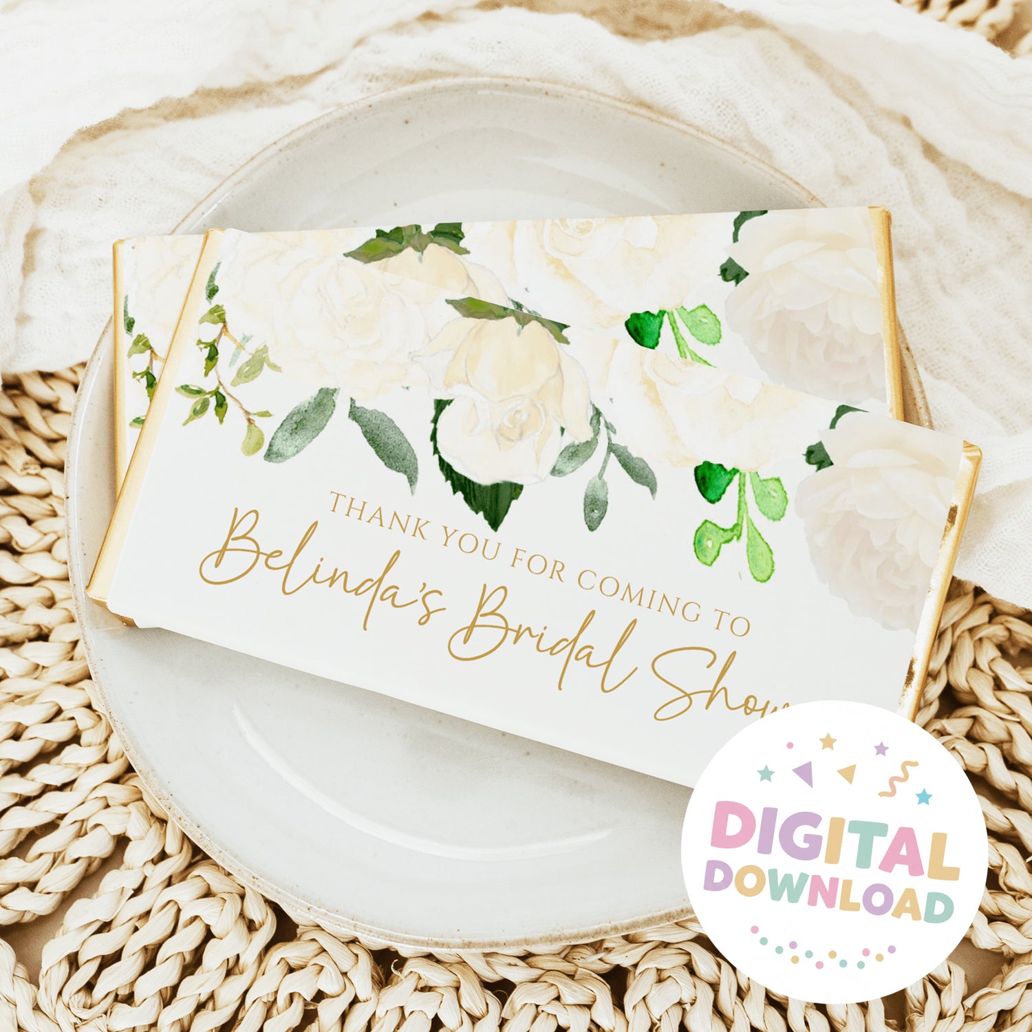 Chocolate bar wrapper with cream roses, green leaves, gold thank-you text, digital badge