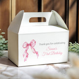 White gable favour box with pink bow and 'Thank you' birthday message