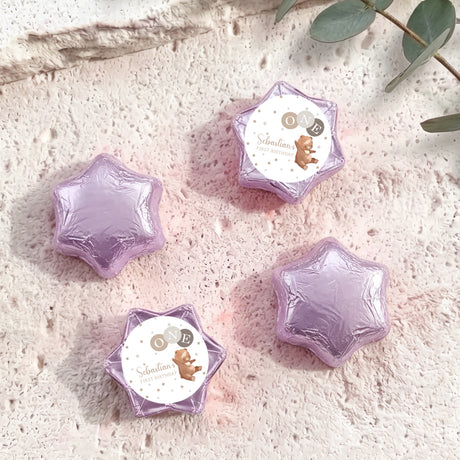 Lilac foil star balloons with personalised bear card and “ONE”