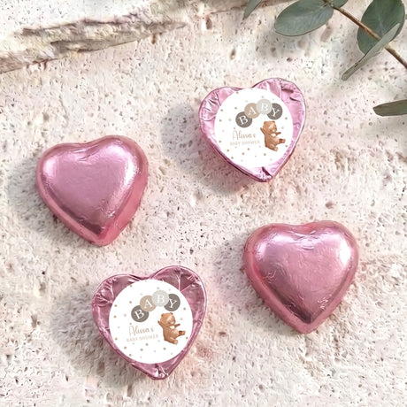 Pink heart foil chocolates with Baby shower label and teddy graphic