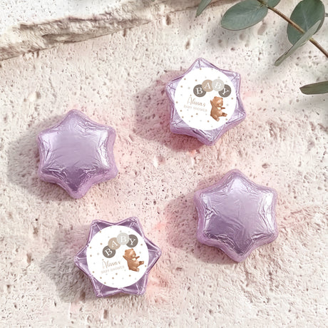 Lilac purple star foil balloons with round baby shower label and bear design
