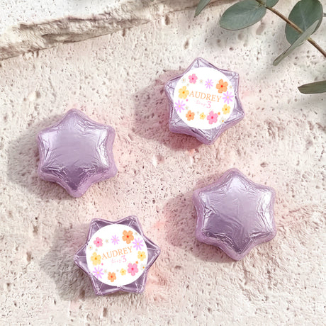 Personalised foil chocolate stars with AUDREY wrapper, lavender and purple star foils