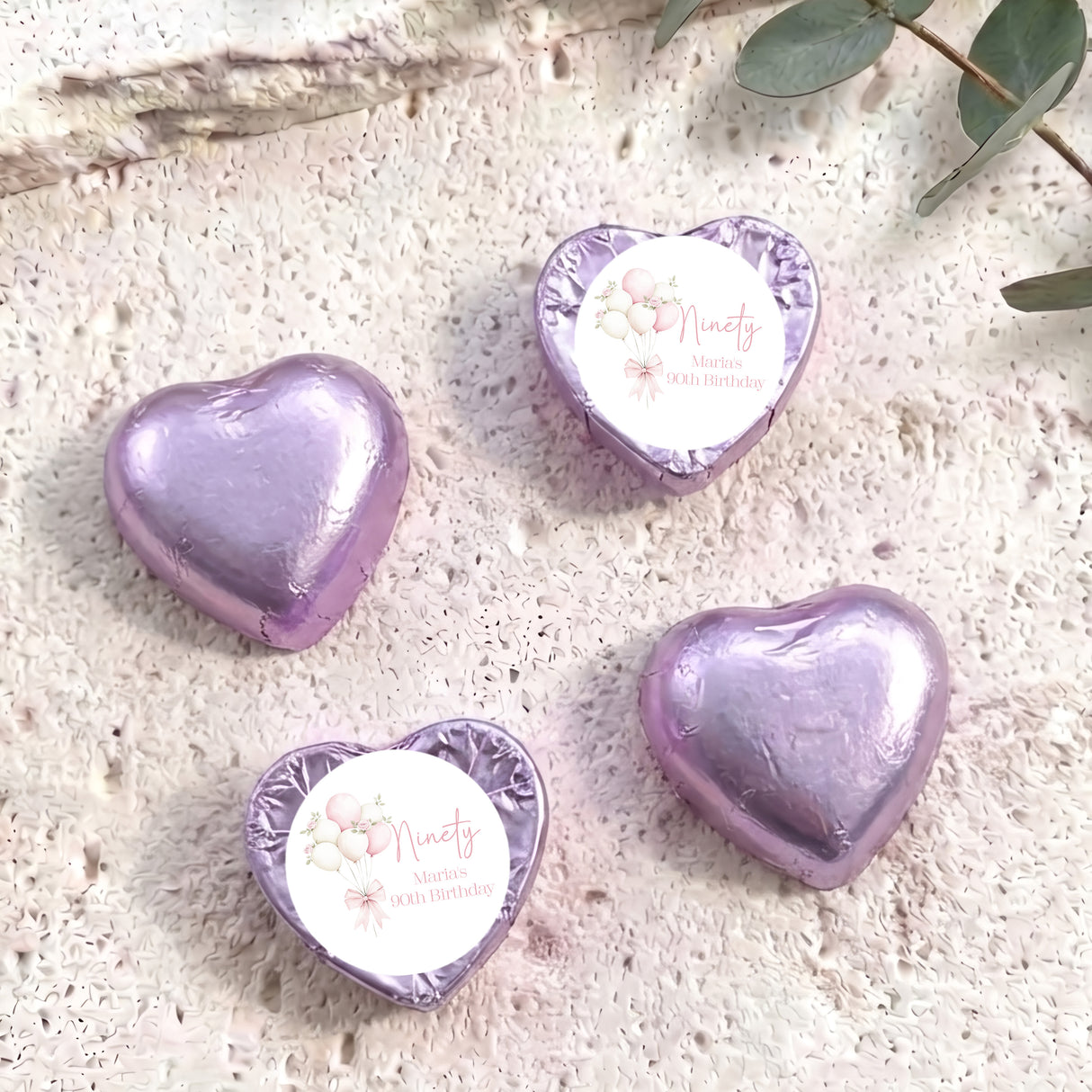 Balloons Bow 90th Birthday Personalised Foil Covered Chocolate Hearts