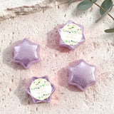 Foil-covered chocolate stars in lavender with a personalized paper label.