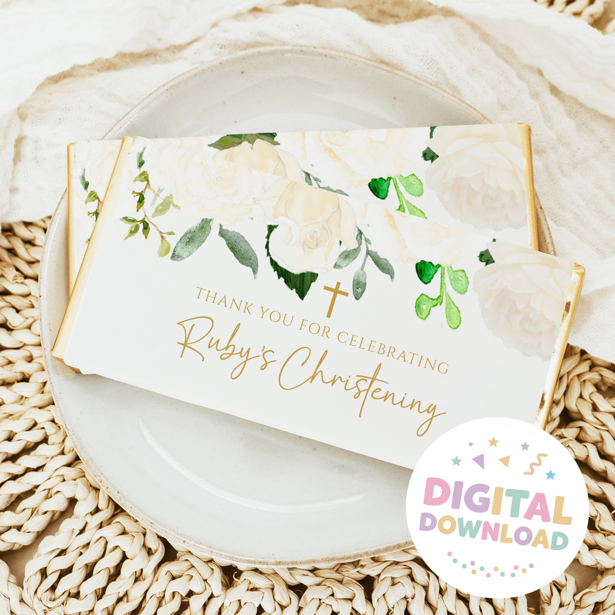 Christening chocolate bar wrapper with white roses, green leaves, gold thank-you text
