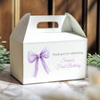 Gable favour box with window handle, purple bow, and birthday thank-you note