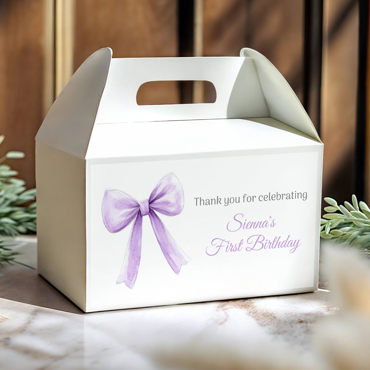 Gable favour box with window handle, purple bow, and birthday thank-you note