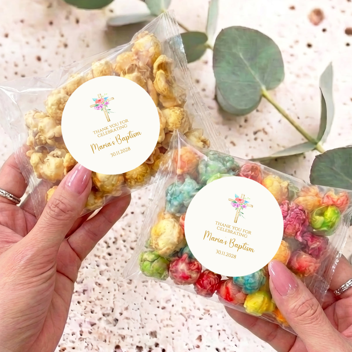 Personalised popcorn bag with floral holy cross sticker, colorful popcorn filling