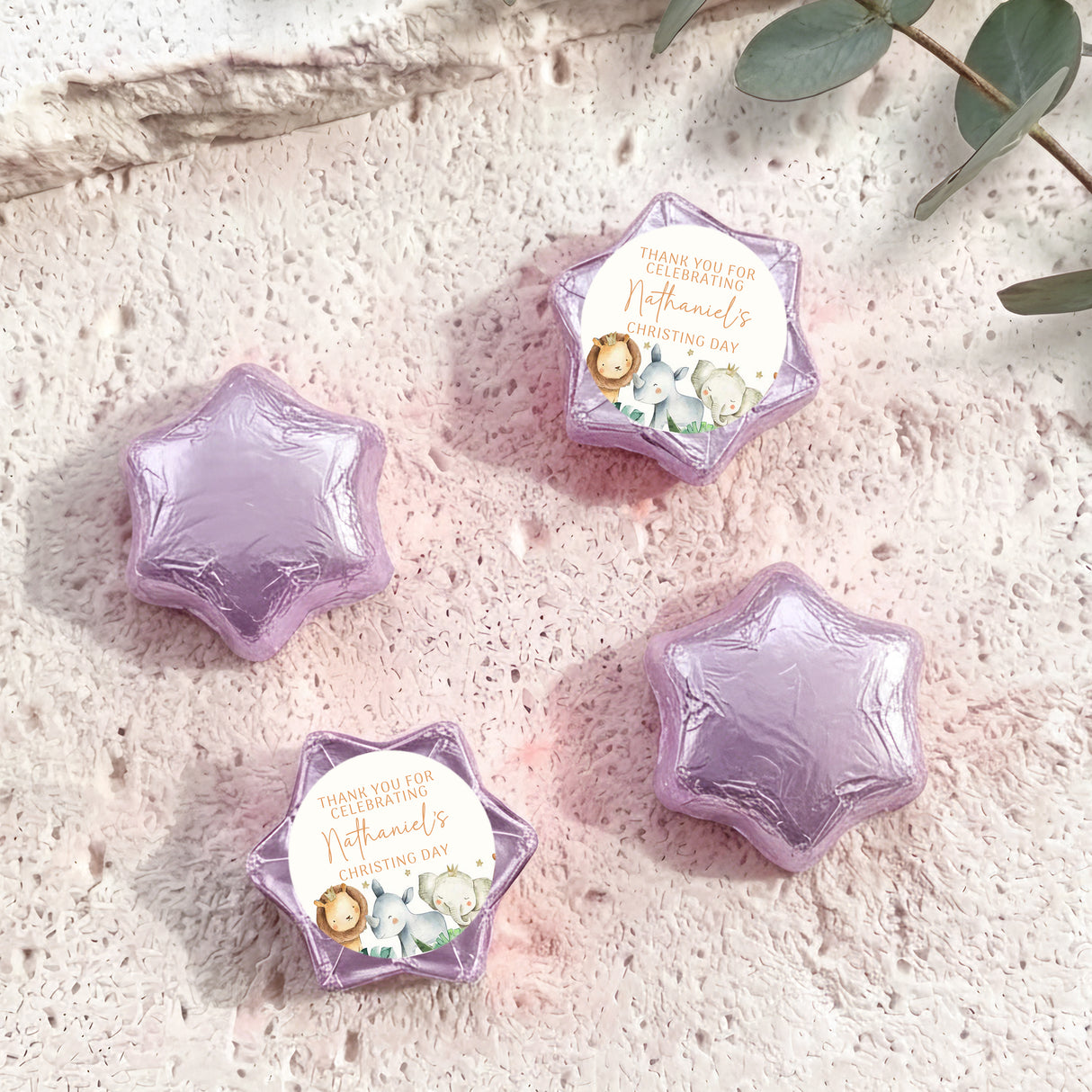 Personalised christening chocolate stars with lilac foil and thank-you card, Nathaniel
