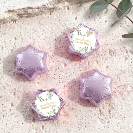 Eucalyptus foil-covered star chocolates, lilac/purple foil star chocolates with printed name label