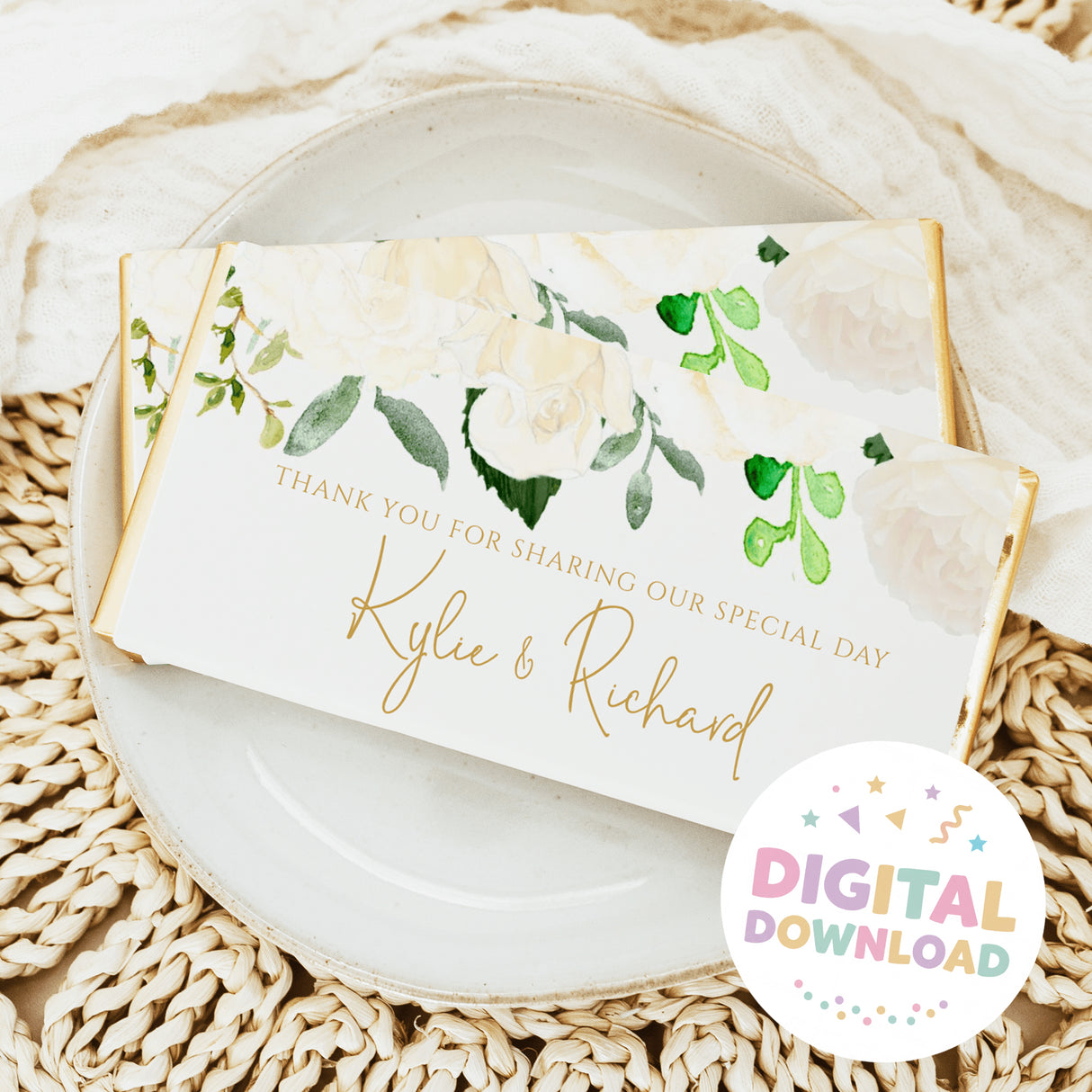 Personalized wedding chocolate bar wrapper with cream roses, green leaves, and Thank You text